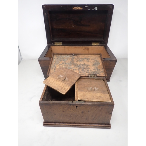 680 - A Victorian rosewood Tea Caddy of sarcophagus shape, 13in, lacks interior, and a small oak, two-divi... 