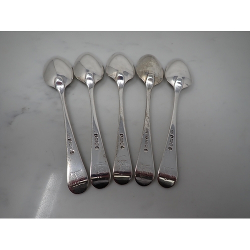 69 - Five George III silver Table Spoons, Hanoverian pattern, engraved crests, London 1784, maker: George... 