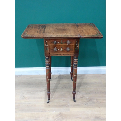 724 - A 19th Century mahogany drop leaf Work Table with satinwood stringing and ribbon painted decoration ... 