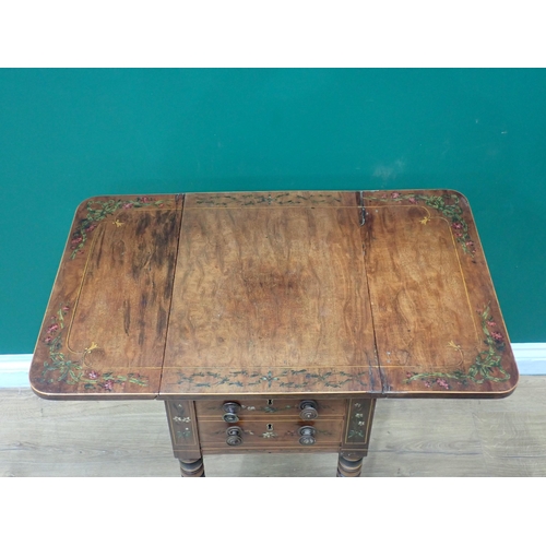 724 - A 19th Century mahogany drop leaf Work Table with satinwood stringing and ribbon painted decoration ... 