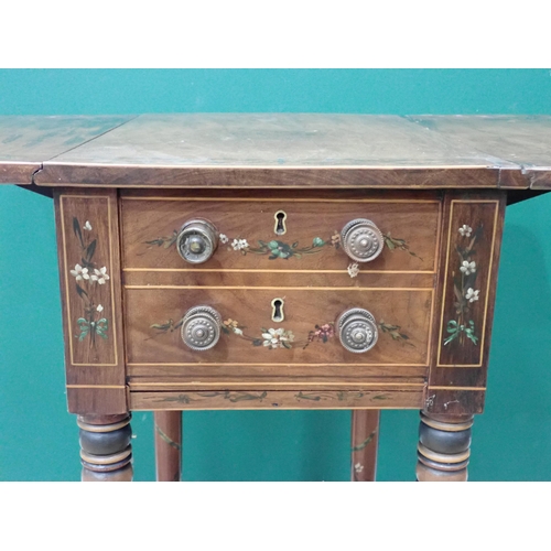 724 - A 19th Century mahogany drop leaf Work Table with satinwood stringing and ribbon painted decoration ... 