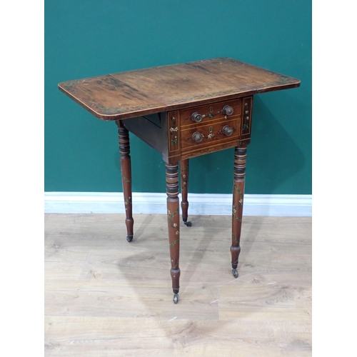 724 - A 19th Century mahogany drop leaf Work Table with satinwood stringing and ribbon painted decoration ... 