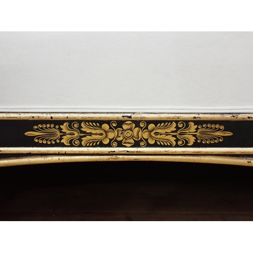 735 - A Regency style large Sofa with ebonised frame painted dolphins in gilt and with floral motifs, 7ft ... 