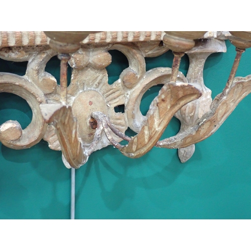 744 - An 18th Century pine Wall Mirror with scrolled acanthus leaf design and three light sconces 3ft H x ... 