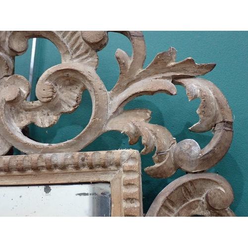 744 - An 18th Century pine Wall Mirror with scrolled acanthus leaf design and three light sconces 3ft H x ... 