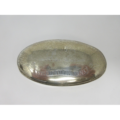 84 - A Georgian oval large Snuff Box engraved double crest and motto VIS FORTIBUS ARMA, 4½in