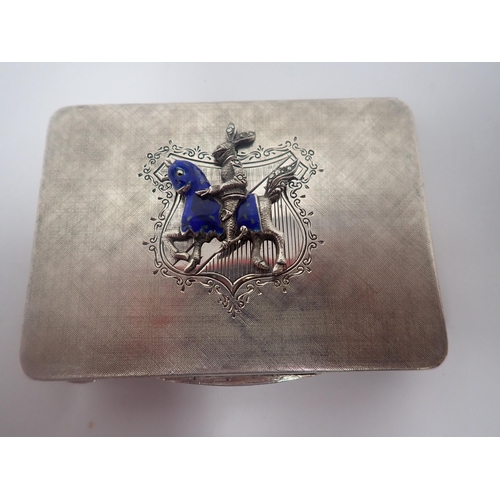 90 - A foreign silver Card Case with applied knight on horseback with blue enamel and marcasite decoratio... 