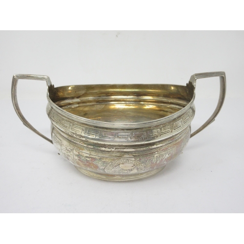 95 - A George III silver two handled oval Sugar Bowl, engraved Greek key frieze and vacant cartouches, Lo... 