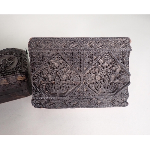 524 - A metal, mounted on wood, Printing Mould with fine repeat design, 11in, and two wooden Printing Moul... 