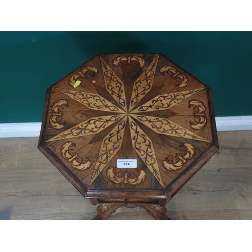 614 - A Victorian rosewood octagonal trumpet Sewing Table with stylised flower and leafage satinwood marqu... 