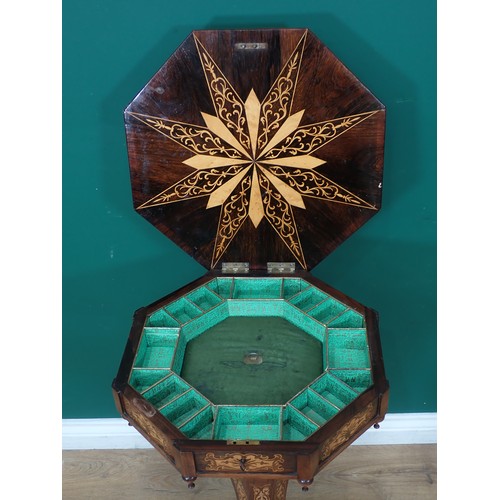 614 - A Victorian rosewood octagonal trumpet Sewing Table with stylised flower and leafage satinwood marqu... 