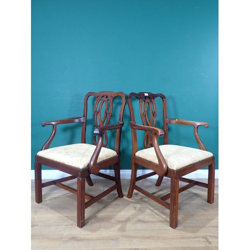 698 - A pair of Georgian mahogany Armchairs, each with shaped top rail, scroll carved pierced splat back, ... 