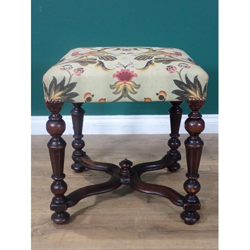 700 - A Queen Anne style upholstered rectangular Stool with stuff over seat, raised on turned and octagona... 