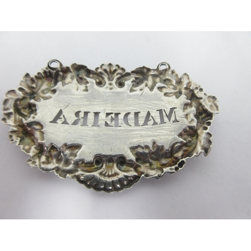 27 - A Victorian silver escutcheon Label, Sherry, Birmingham 1846, maker: George Unite, a Madeira Label, ... 