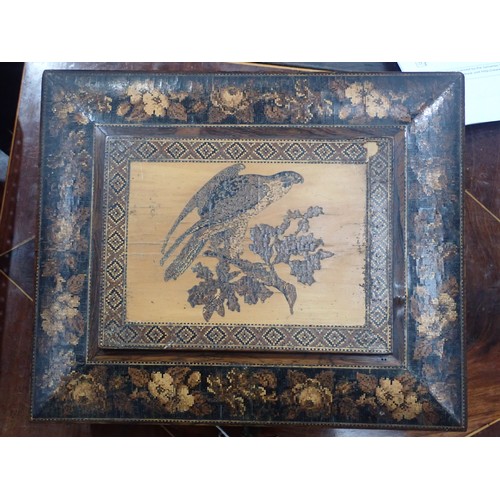 539 - A Tunbridge ware Sewing Box, the cover with a design of a peregrine falcon on a branch with floral b... 