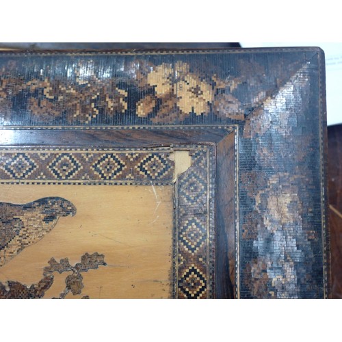 539 - A Tunbridge ware Sewing Box, the cover with a design of a peregrine falcon on a branch with floral b... 