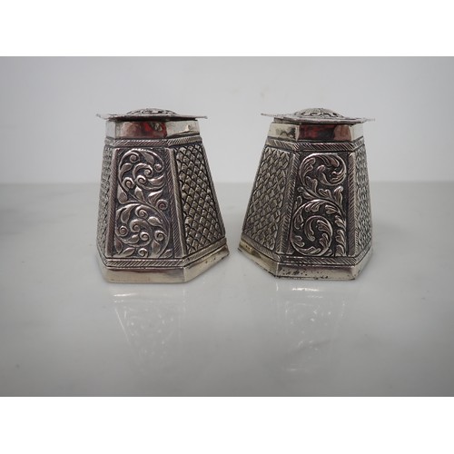 119 - A pair of Eastern silver hexagonal lidded Pots, leafage scroll engraved, a small Indian Coffee Pot, ... 