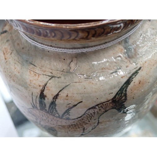 429 - A late 19th Century Martin Brothers pottery Aquatic Vase, incised and painted grotesque fish and eel... 