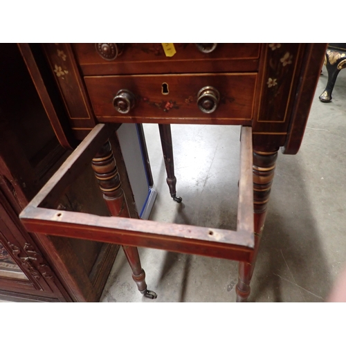 724 - A 19th Century mahogany drop leaf Work Table with satinwood stringing and ribbon painted decoration ... 