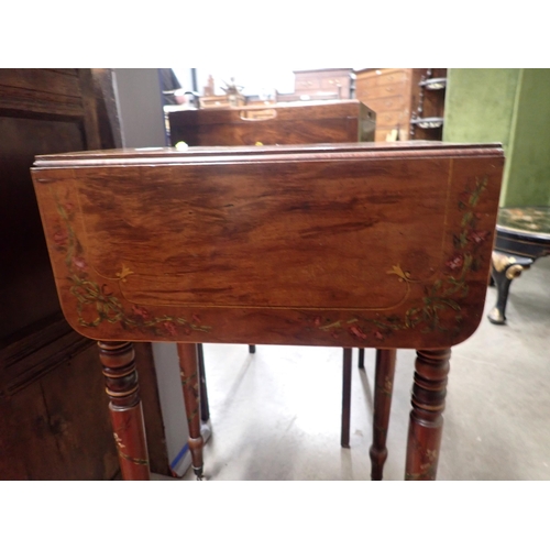 724 - A 19th Century mahogany drop leaf Work Table with satinwood stringing and ribbon painted decoration ... 