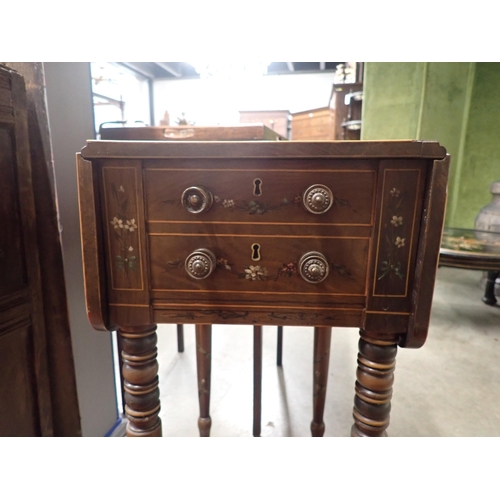 724 - A 19th Century mahogany drop leaf Work Table with satinwood stringing and ribbon painted decoration ... 