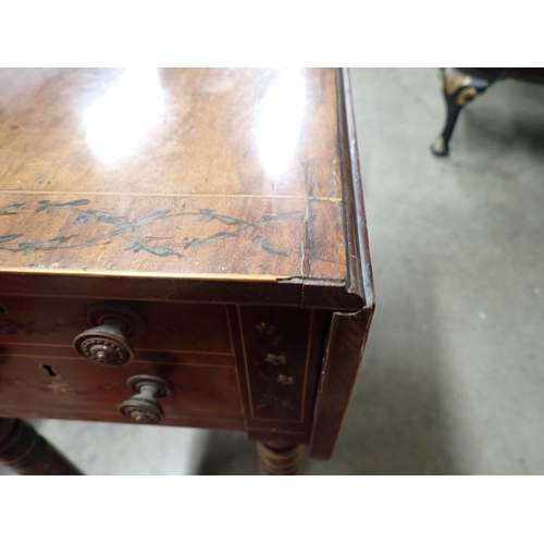 724 - A 19th Century mahogany drop leaf Work Table with satinwood stringing and ribbon painted decoration ... 