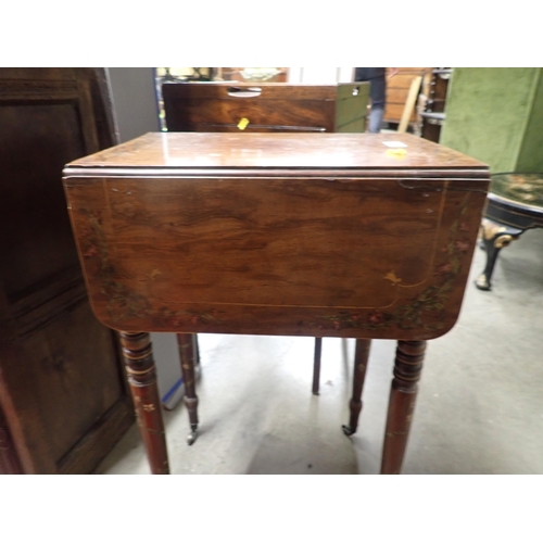 724 - A 19th Century mahogany drop leaf Work Table with satinwood stringing and ribbon painted decoration ... 