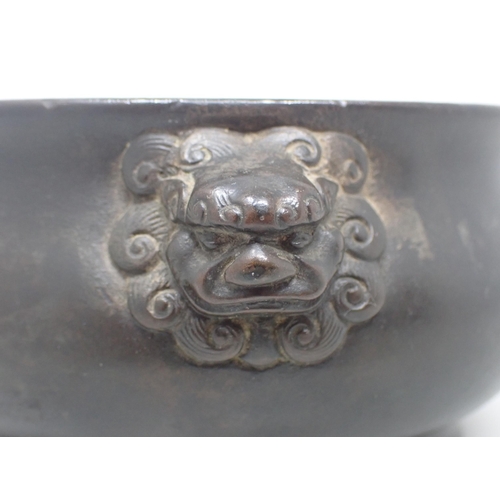 400 - A Chinese bronze small Censor with mask handles, 5in diam, six character mark under