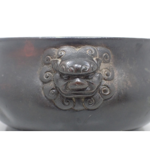 400 - A Chinese bronze small Censor with mask handles, 5in diam, six character mark under