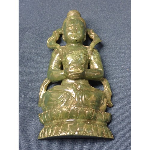 402 - A carved greenstone Figure of a Buddha on carved wooden stand 6in H, an Eastern carved stone Figure ... 