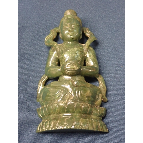 402 - A carved greenstone Figure of a Buddha on carved wooden stand 6in H, an Eastern carved stone Figure ... 