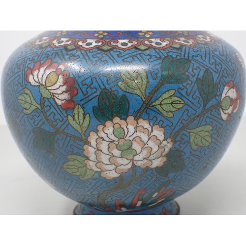 393 - A 19th Century Chinese cloisonné blue ground Vase with floral design 9in H, a cloisonné Bowl with dr... 