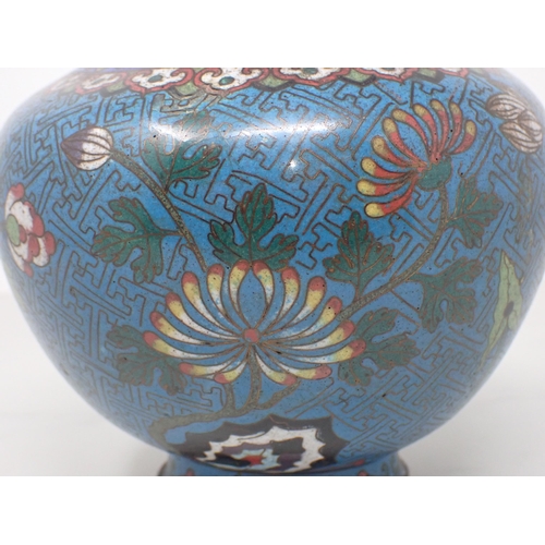 393 - A 19th Century Chinese cloisonné blue ground Vase with floral design 9in H, a cloisonné Bowl with dr... 