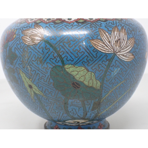 393 - A 19th Century Chinese cloisonné blue ground Vase with floral design 9in H, a cloisonné Bowl with dr... 