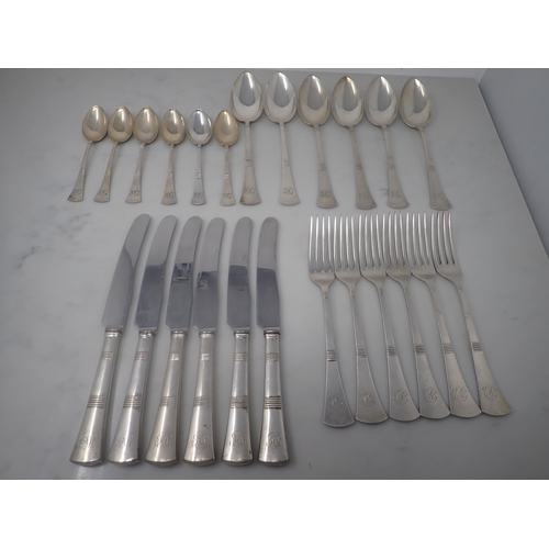 121 - A part set of Continental silver Cutlery engraved initials, viz: 6 Table and Dessert Spoons, 6 Dinne... 