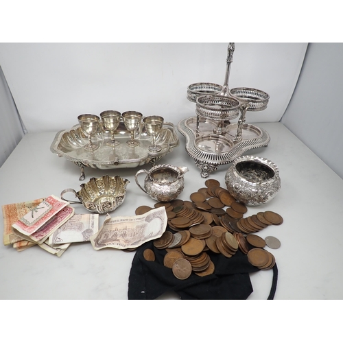 126 - A Victorian plated three bottle Stand with central handle, Cake Basket, Egg Cups, Vase, Jugs, pair o... 