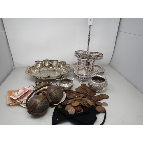 126 - A Victorian plated three bottle Stand with central handle, Cake Basket, Egg Cups, Vase, Jugs, pair o... 