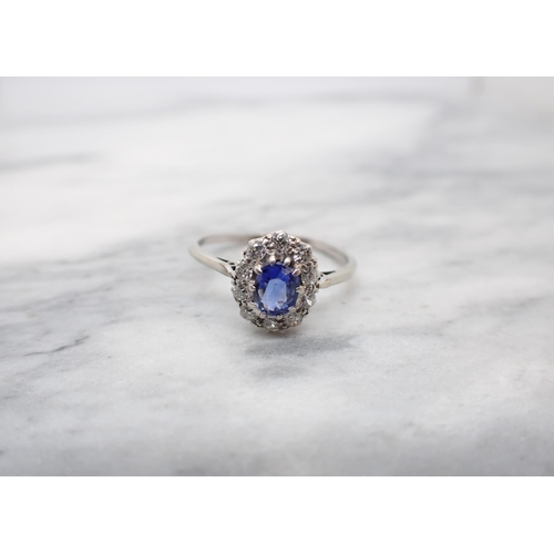 157 - A Sapphire and Diamond Cluster Ring claw-set oval-cut sapphire within a frame of ten brilliant-cut d... 