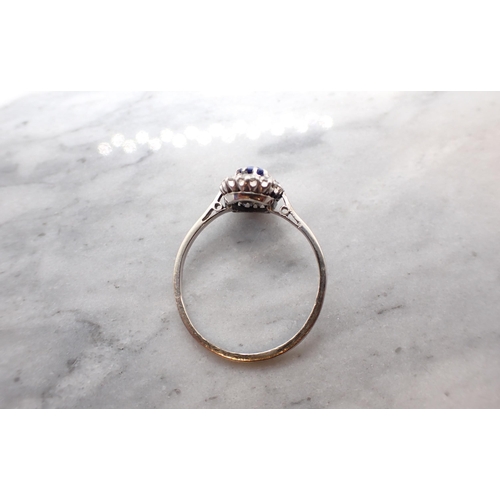 157 - A Sapphire and Diamond Cluster Ring claw-set oval-cut sapphire within a frame of ten brilliant-cut d... 