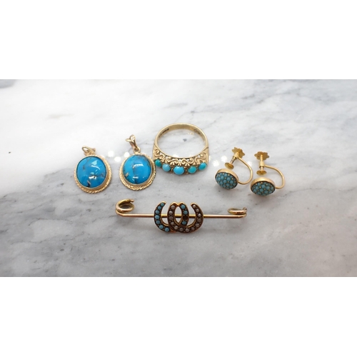 161 - Turquoise set jewellery including; 9ct gold Ring, Earrings on screw fittings, Brooch A/F, approx 6gm... 