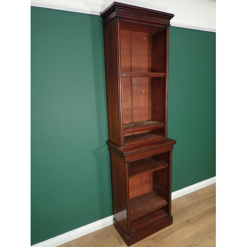 17 - A tall narrow mahogany two section open Bookcase with adjustable shelves and plinth base, 7ft 5in H