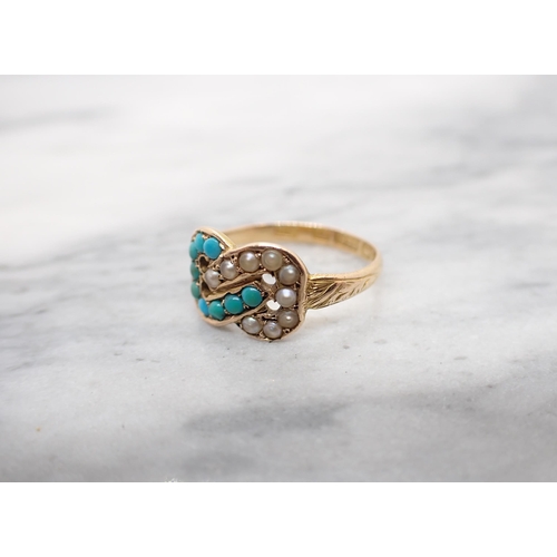 188 - A late Victorian Turquoise and Seed Pearl Ring in 15ct gold, ring size K 1/2, approx 2gms