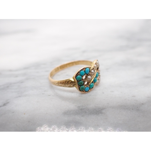 188 - A late Victorian Turquoise and Seed Pearl Ring in 15ct gold, ring size K 1/2, approx 2gms