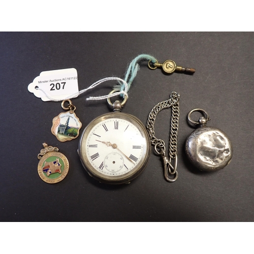 207 - Two enamel Fobs stamped 9ct, an open faced Pocket Watch and a silver Sovereign Case A/F