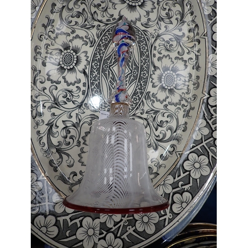 225 - Two large oval Meat Plates, a glass Bell with spiral colour twist handle, group of four Musicians, a... 