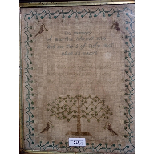 248 - A Sampler dated 1823 with text and floral motifs 10 1/2 x 10 1/2in and another 1865 with tree and bi... 