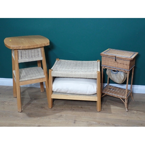 286 - A modern Table with cane shelf, a cane panelled Stool, and a cane Sewing Basket