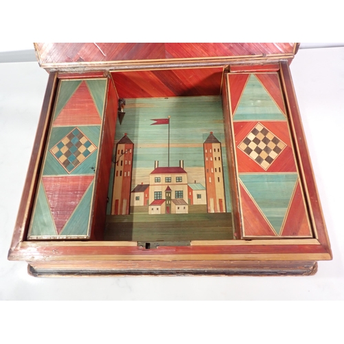 297 - A straw work Box in the form of a book decorated interior houses and two lidded compartments, 10½ x ... 