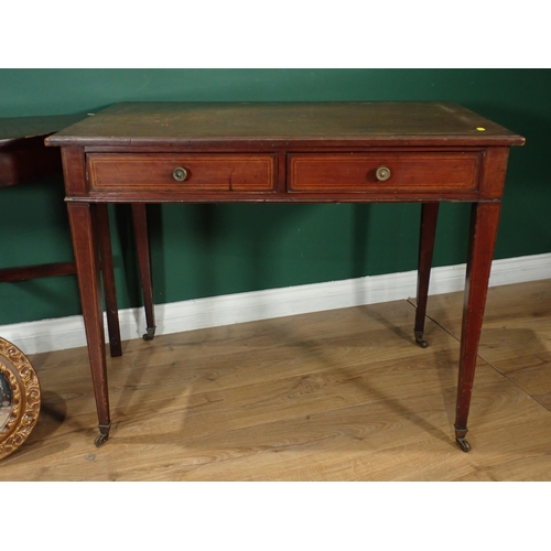 30 - An Edwardian mahogany Side Table fitted two frieze drawers on squared tapering supports and casters,... 