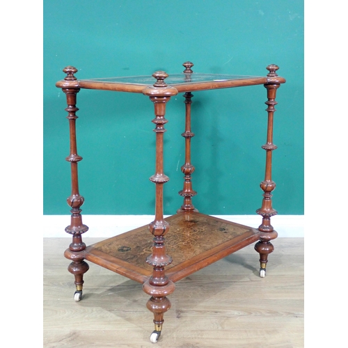 302 - A late Victorian mahogany and walnut two tier Whatnot with inlaid ebonised top and turned supports o... 